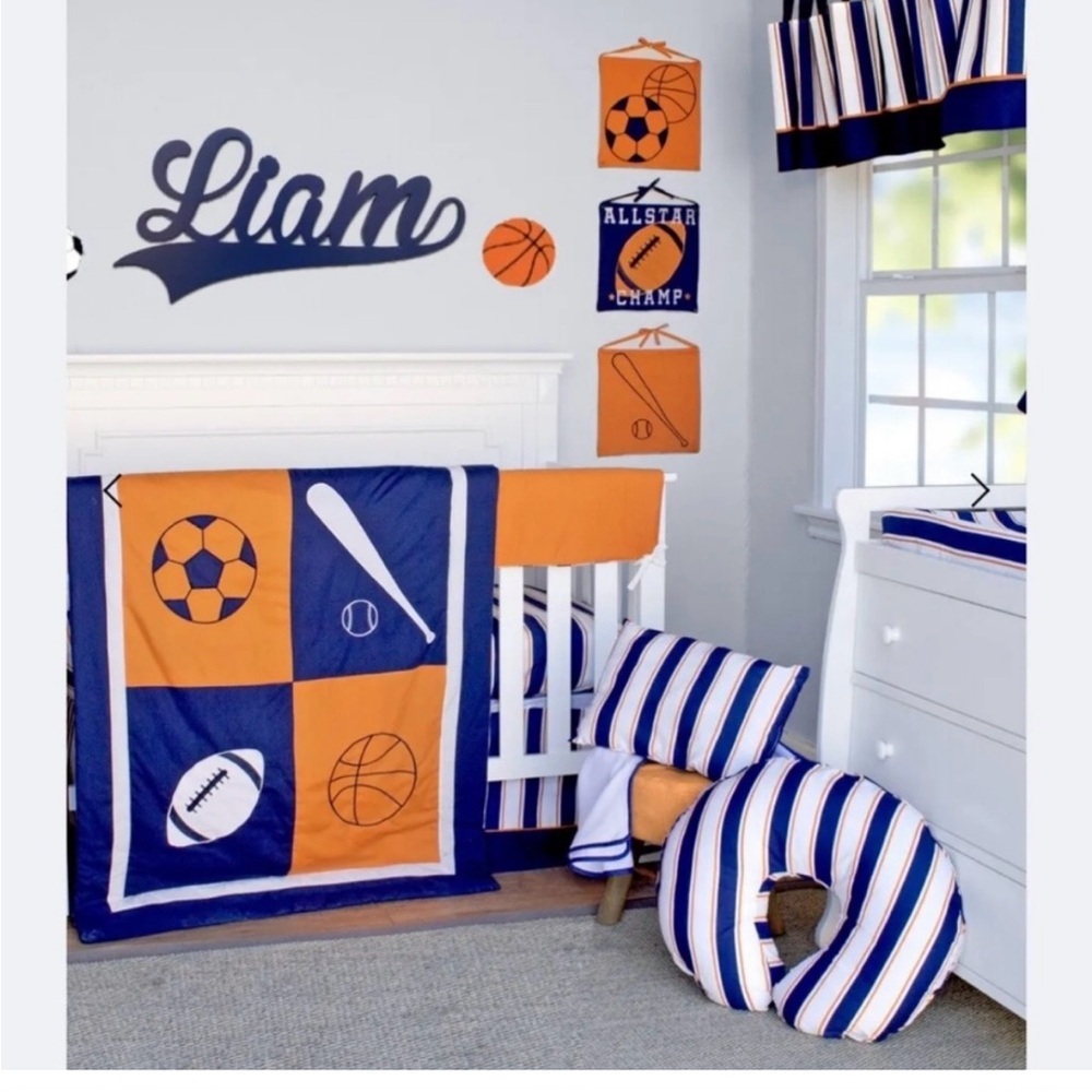 10 piece orange and blue baby bedding set